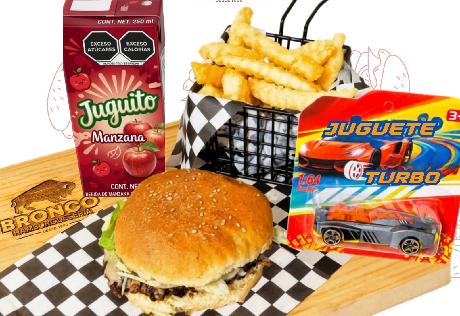 Paquete infantil de Bronco con hamburguesa, papas, juguito y juguete de regalo