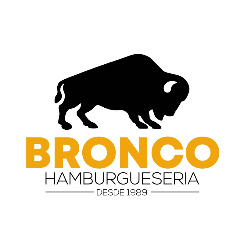 Logo de Hamburguesería Bronco: un bisonte negro sobre el nombre BRONCO en letras ámbar