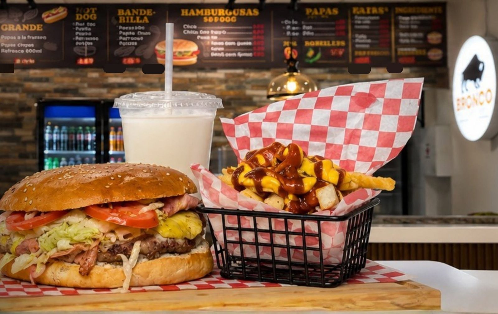 Mostrador de Hamburguesería Bronco con hamburguesa, papas y malteada